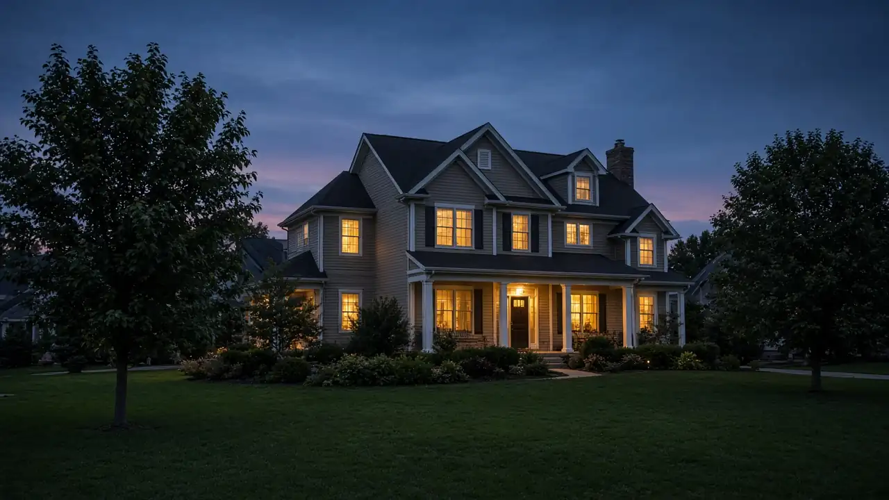 Two-story home at dusk with warm lights on