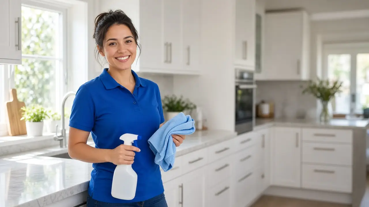 Professional cleaner holding a spray bottle and cloth in a bright kitchen