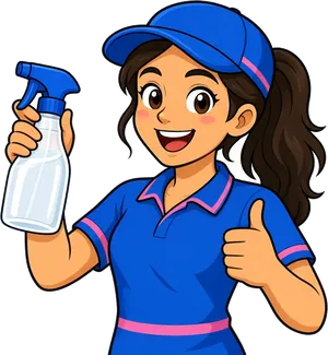 Cartoon Rapid Maid mascot holding cleaning supplies