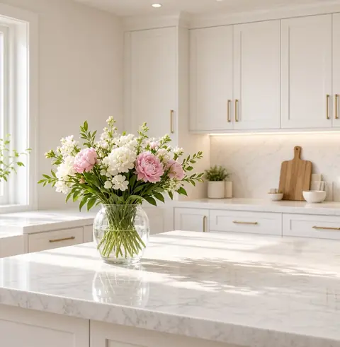 Sparkling clean kitchen counter with fresh flowers