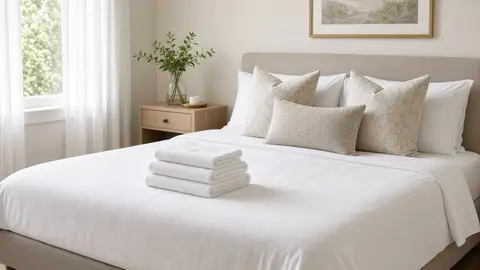Guest-ready bedroom with fresh linens after an Airbnb turnover